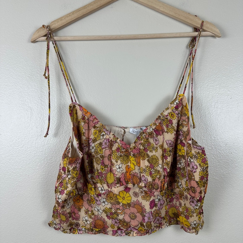 Patrons of Peace Women's L Cami Top Multicolor Floral Smocked Tie Shoulder NEW